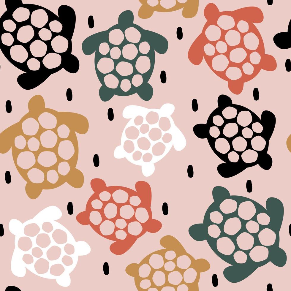söt hand dragen abstrakt sömlös vektor mönster design illustration med färgrik sköldpaddor silhuetter och svart konfetti på rosa bakgrund