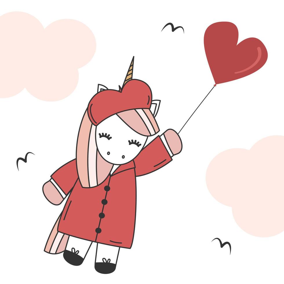 süß schön Karikatur Charakter Einhorn fliegend im das Himmel mit Herz gestalten Ballon komisch romantisch Vektor Illustration