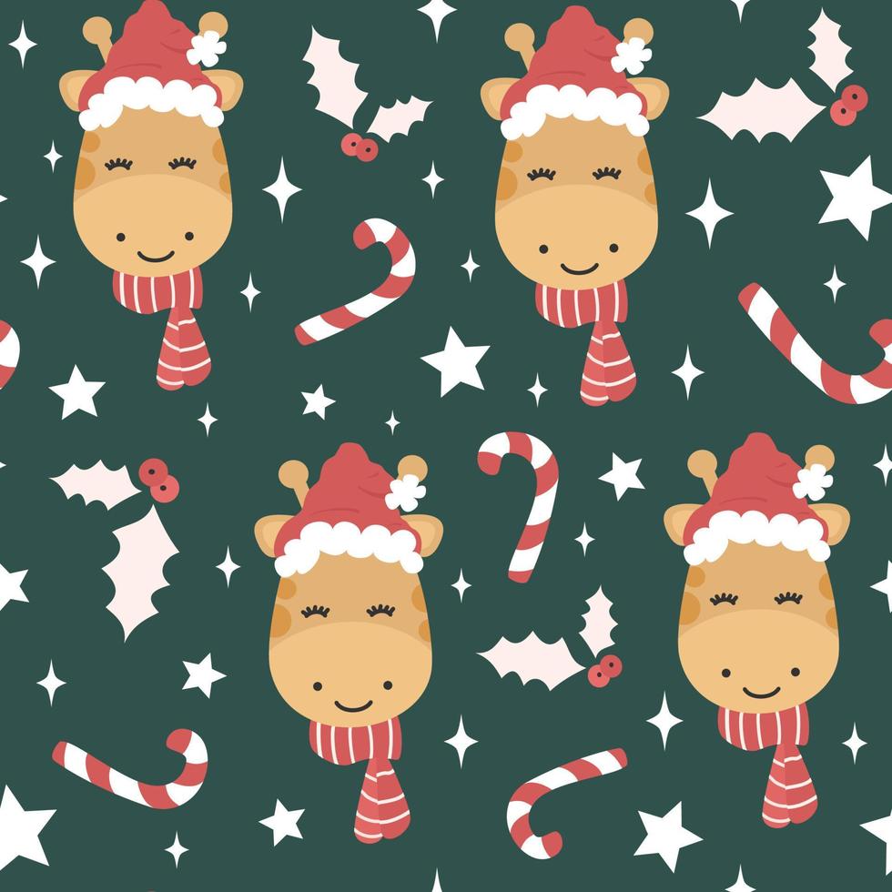 söt vinter- högtider hand dragen sömlös vektor mönster bakgrund illustration med giraff med santa claus hatt, järnek, godis sockerrör och stjärnor