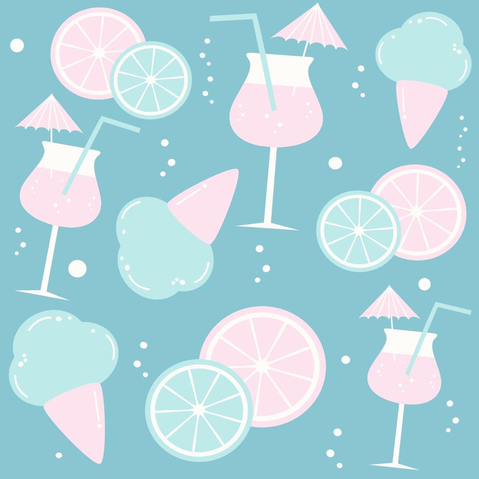 söt färgrik trendig sommartid sömlös vektor mönster bakgrund illustration med leomon skiva, cocktails och is grädde kon