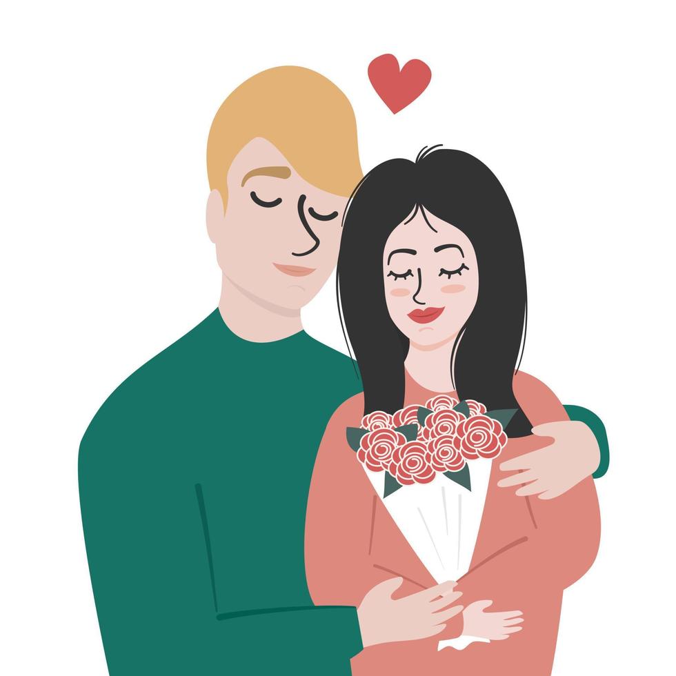 söt tecknad serie karaktär hand dragen förtjusande ung par med hjärta och blommor begrepp romantisk vektor illustration för valentines dag eller födelsedag hälsning kort