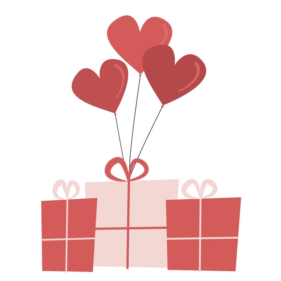 söt hand dragen hjärtans dag romantisk vektor illustration med gåva lådor och hjärta form flytande ballong