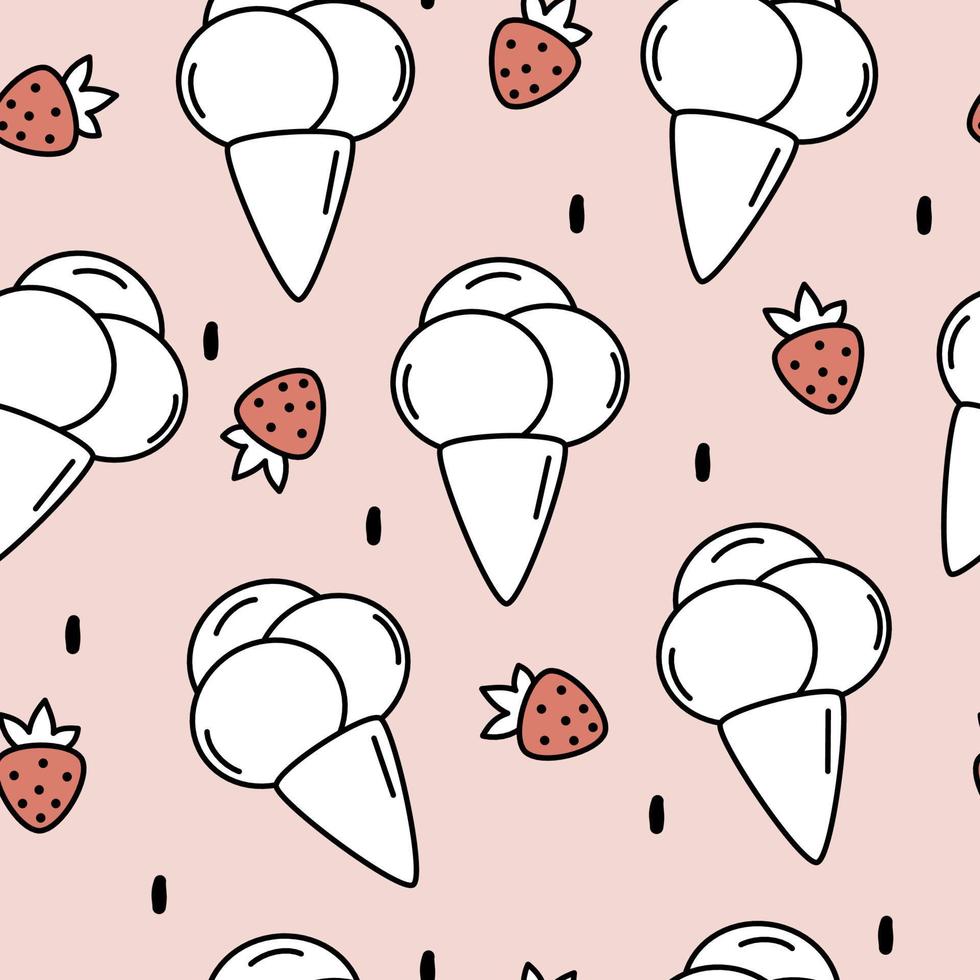 söt härlig tecknad serie utsökt svart och vit is krämer med röd jordgubbar sömlös vektor mönster illustration på rosa bakgrund