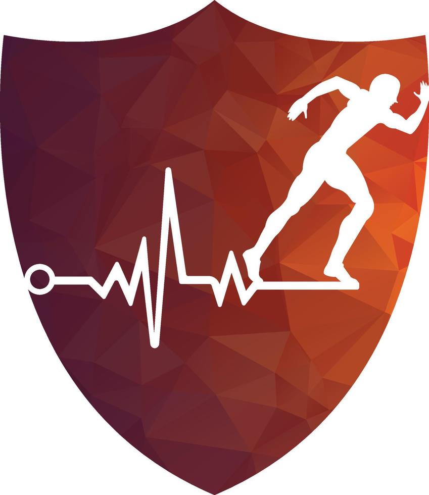 puls maraton logotyp design ikon vektor. kropp hälsa vård logotyp design. löpning man med linje ecg hjärtslag ikon. vektor