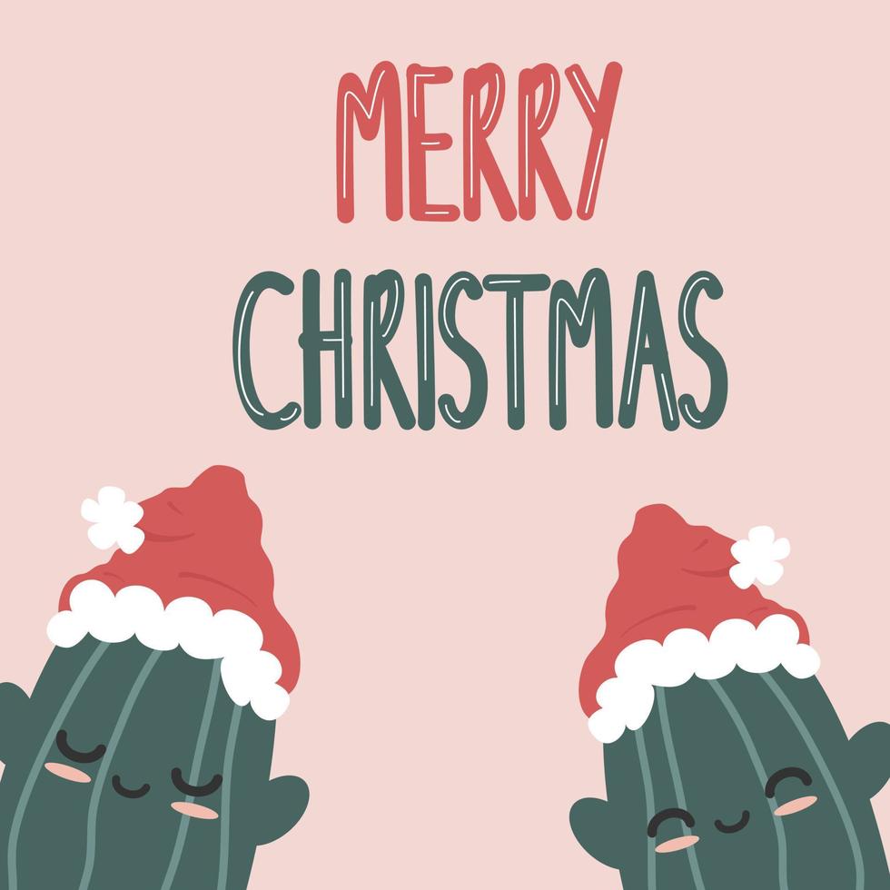 söt hand dragen text glad jul vinter- Semester hälsning vektor kort illustration med rolig tecknad serie karaktär kaktusar med santa claus hatt