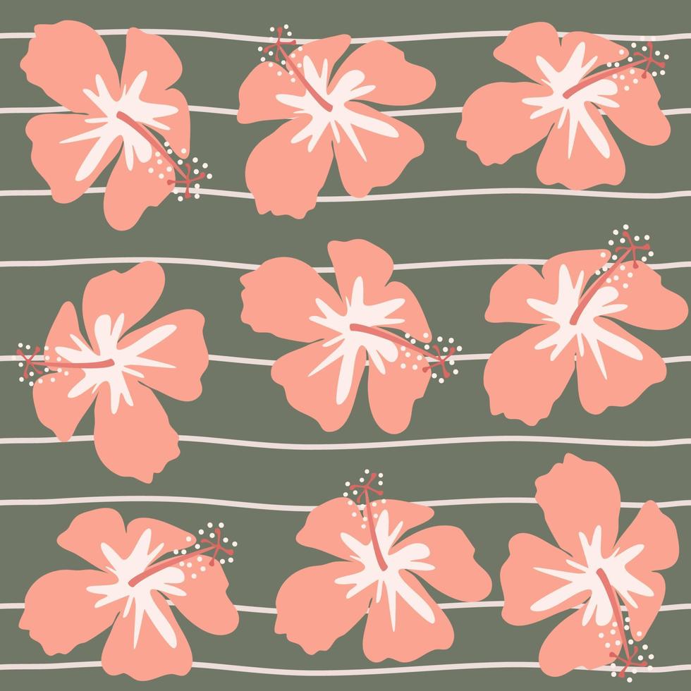 söt hand dragen abstrakt sömlös vektor mönster illustration med rosa hibiskus blommor på randig grön bakgrund