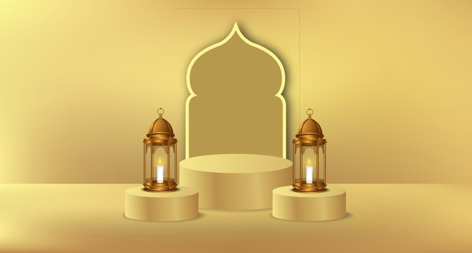 islamisches Ramadan-Ereignis mit goldener Laterne und Zylinderpodestproduktanzeigevorlage vektor