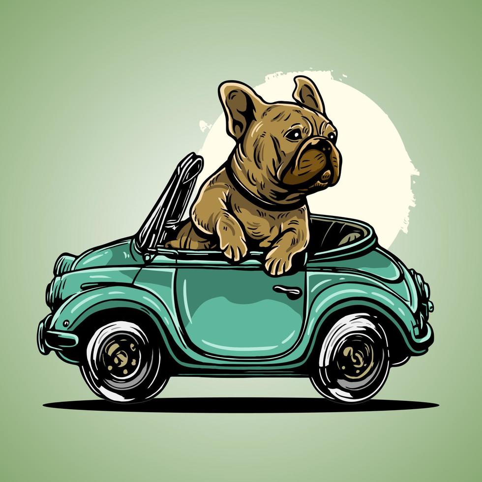 süß Hund Bulldogge Pitbull Reiten und Fahren Auto Vektor Illustration