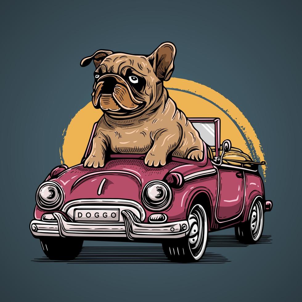 Bulldogge Pitbull Reiten öffnen Dach Auto Vektor Kunstwerk Illustration