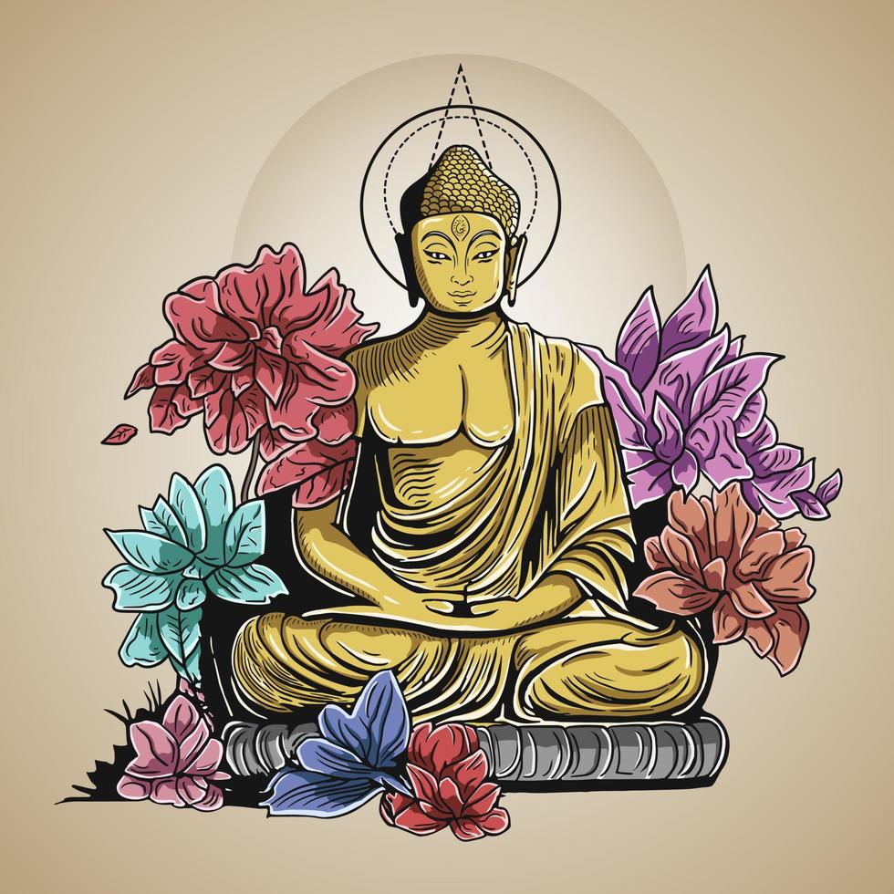 gyllene buddha purnima sitta på blomma vektor illustration