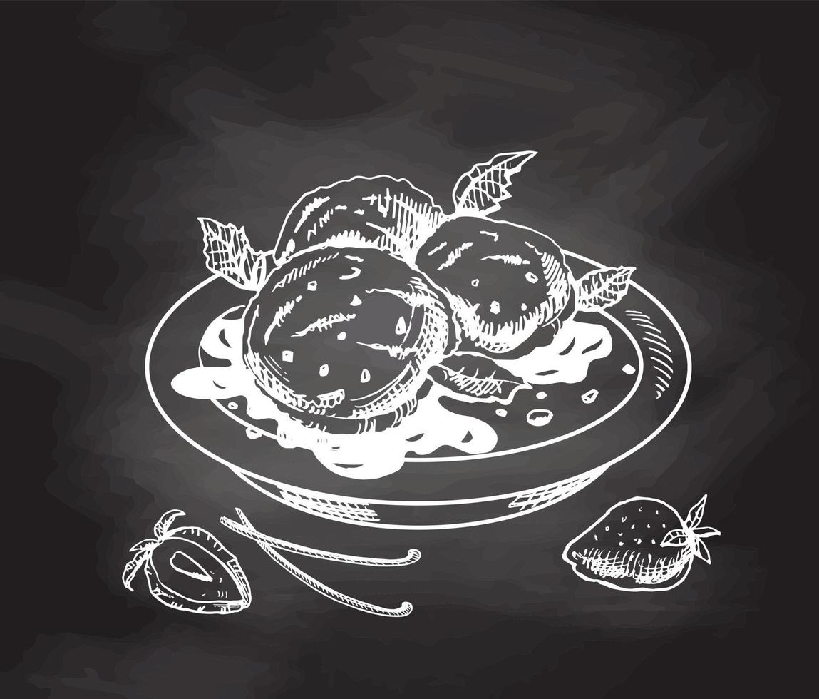 en ritad för hand skiss av ett is grädde bollar i en tallrik med choklad sås, vanilj skida, jordgubbar isolerat på svarta tavlan bakgrund. årgång illustration. vektor