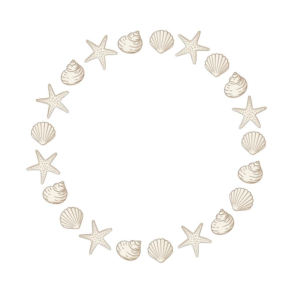 runder Muschelrahmen. vertikale vorlage für das meer- und ozeandesign. Vektor-Illustration Sommer- oder Strandparty, Werbedesign vektor