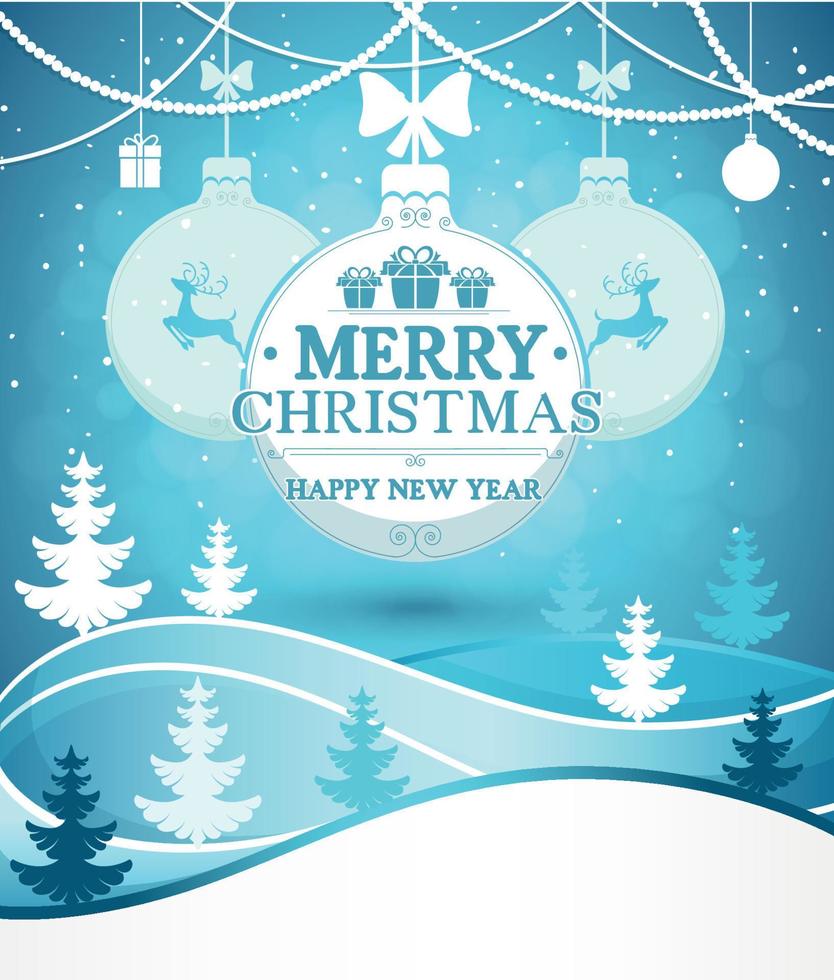 glad jul och Lycklig ny år hälsning kort bakgrund på vinter- landskap med snöfall vektor illustration