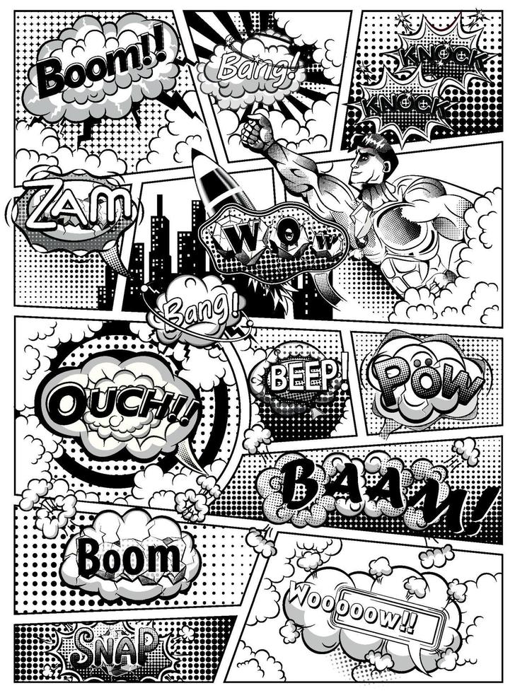 svart och vit komisk bok sida dividerat förbi rader med Tal bubblor, raket, superhjälte hand och ljud effekt. vektor illustration