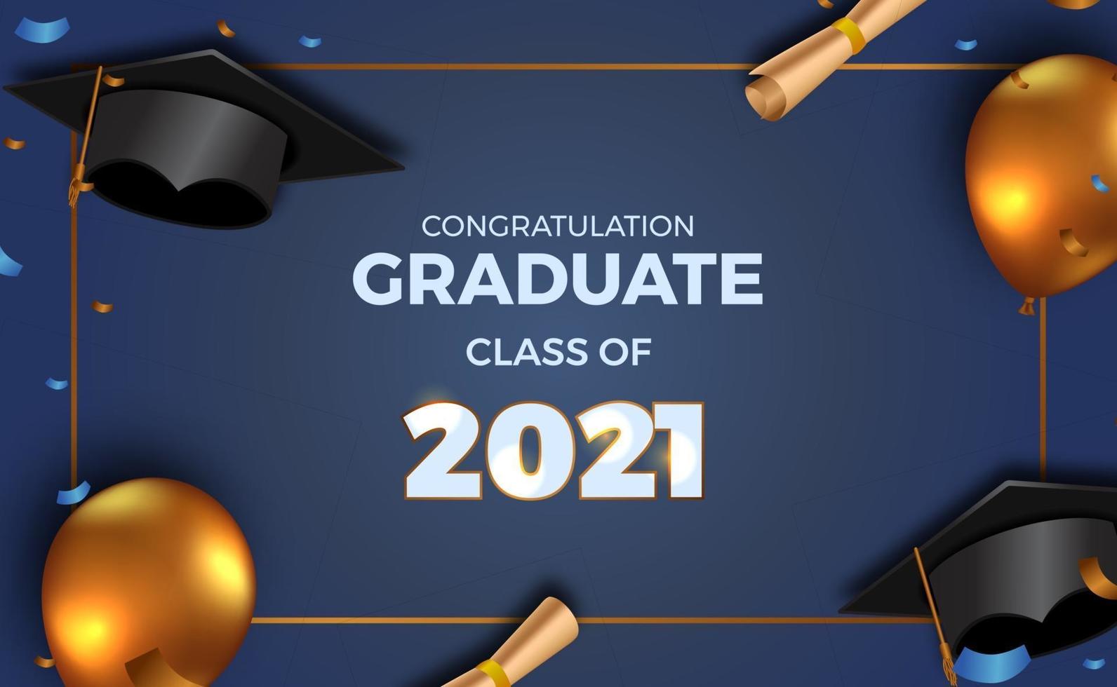 lyxig examensfestaffischinbjudan för klass 2021 med 3d gyllene ballong och examenshatt och papper med konfetti vektor