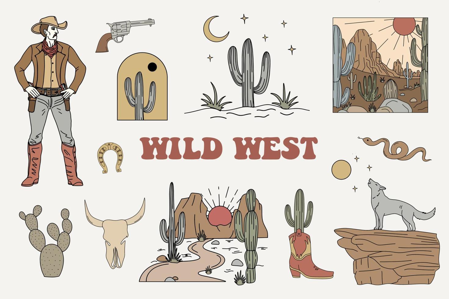 wild Westen Karikatur Symbole Satz. Wüste Landschaft mit Berge und Kaktus, Kojote, Cowboy. retro Vektor Illustration