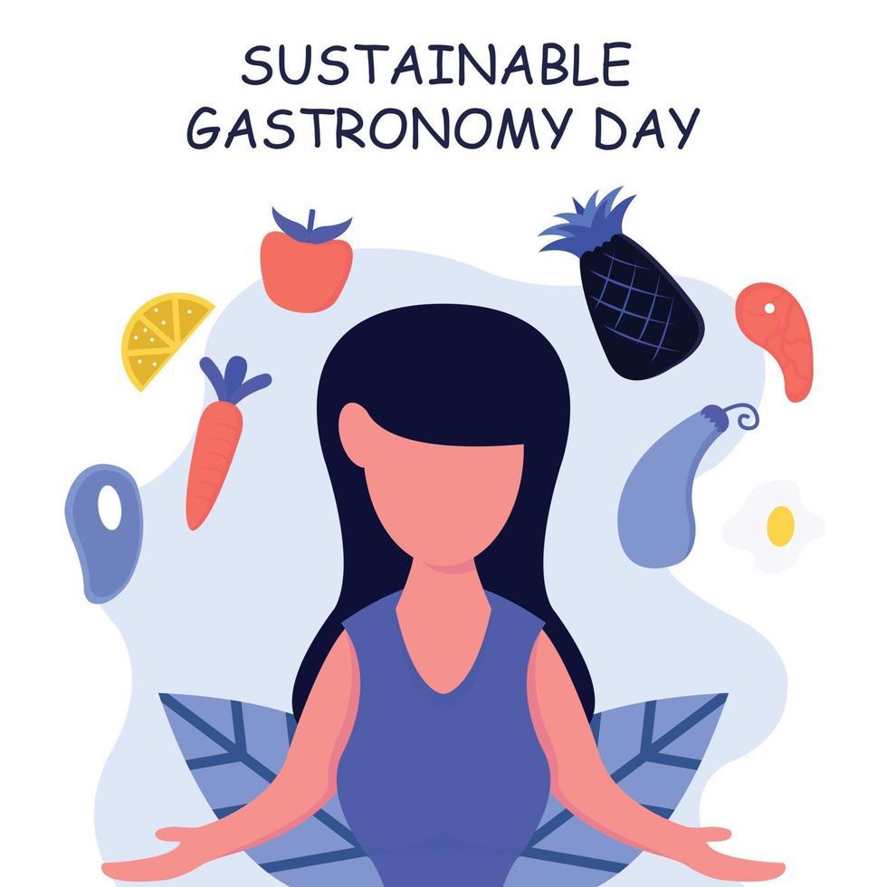 Illustration Vektor Grafik von ein Mädchen zeigt an etwas Klammer Lebensmittel, perfekt zum International Tag, nachhaltig Gastronomie Tag, zelebrieren, Gruß Karte, usw.