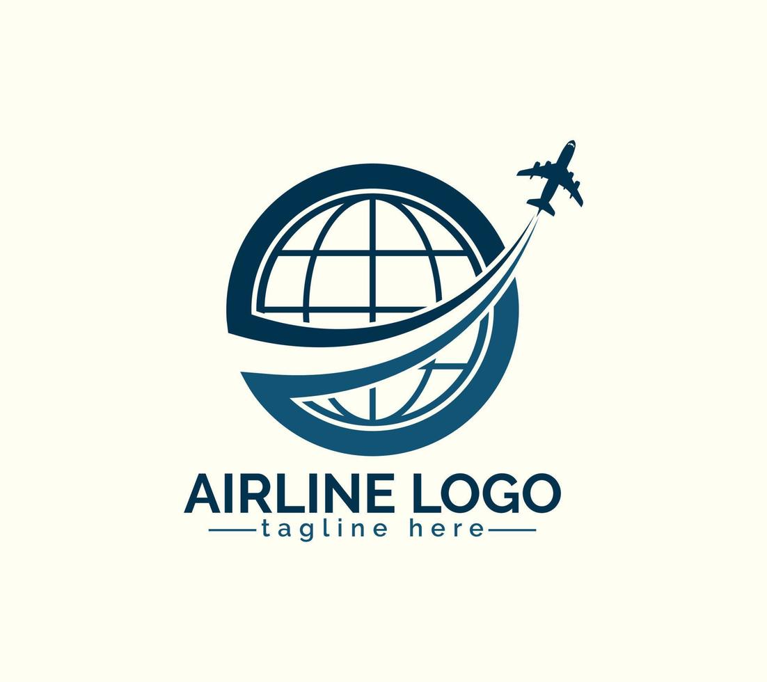 Fluggesellschaft Logo Design mit Welt und Flugzeug Zeichen, Vektor Illustration.