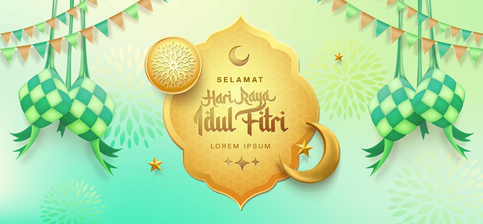 3d Gold modern islamisch Urlaub Banner, geeignet zum Ramadan, eid Fitri, eid adha und Maulid. Mond und Ketupat mit islamisch Dekor auf Sanft Grün Hintergrund. vektor