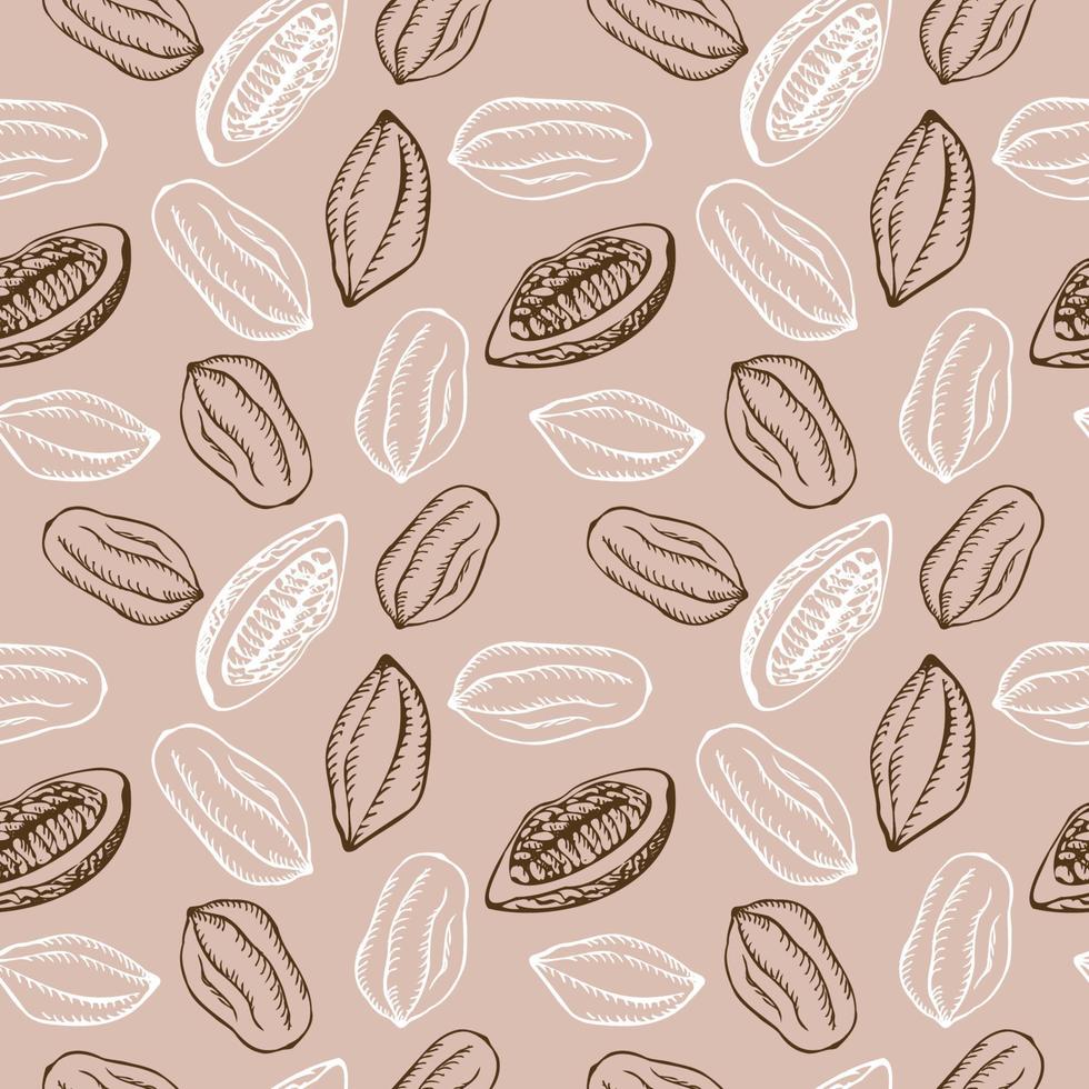 sömlös mönster med kakao frukt och kakao växt på en beige bakgrund. en massa av kakao, upprepa bakgrund, prydnad. ritad för hand. vektor illustration