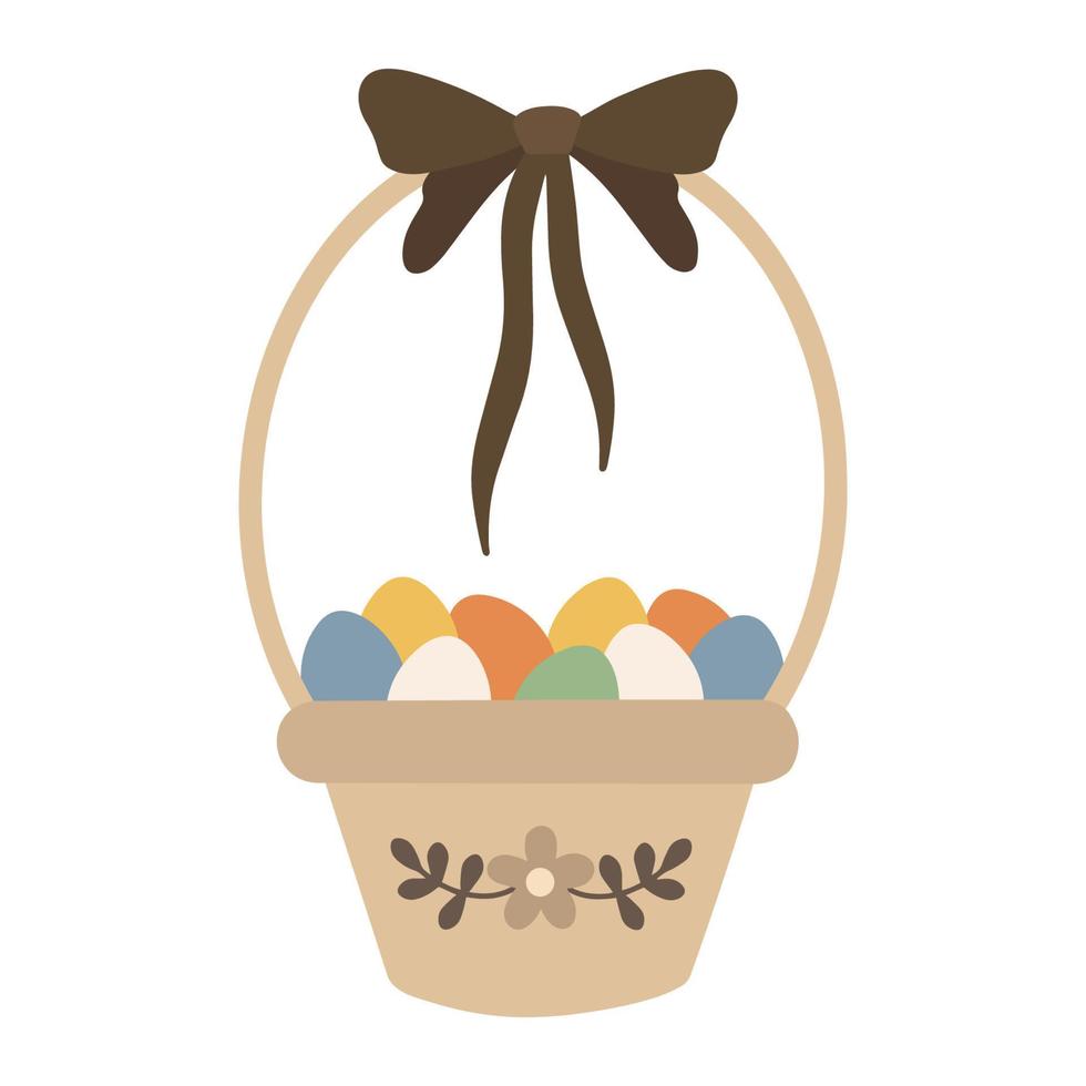 illustration av ett påsk korg med färgad ägg. söt påsk korg med rosett. vektor