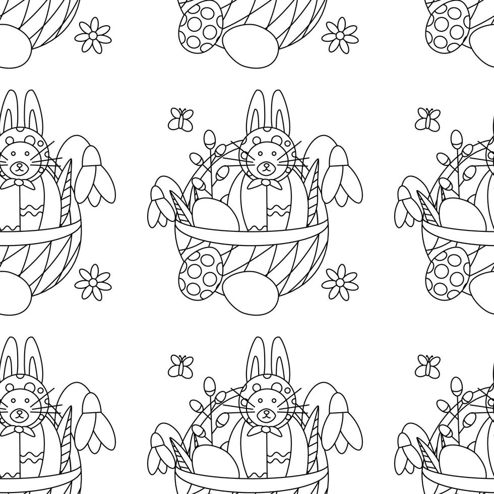 Ostern Muster mit ein Katze mit Hase Ohren, Blumen, Schneeglöckchen, im ein Korb mit Eier. vektor