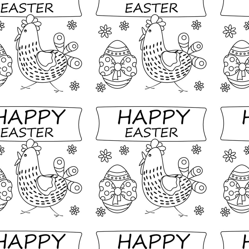 påsk mönster med ägg, rosett, text, kyckling, blommor. vektor