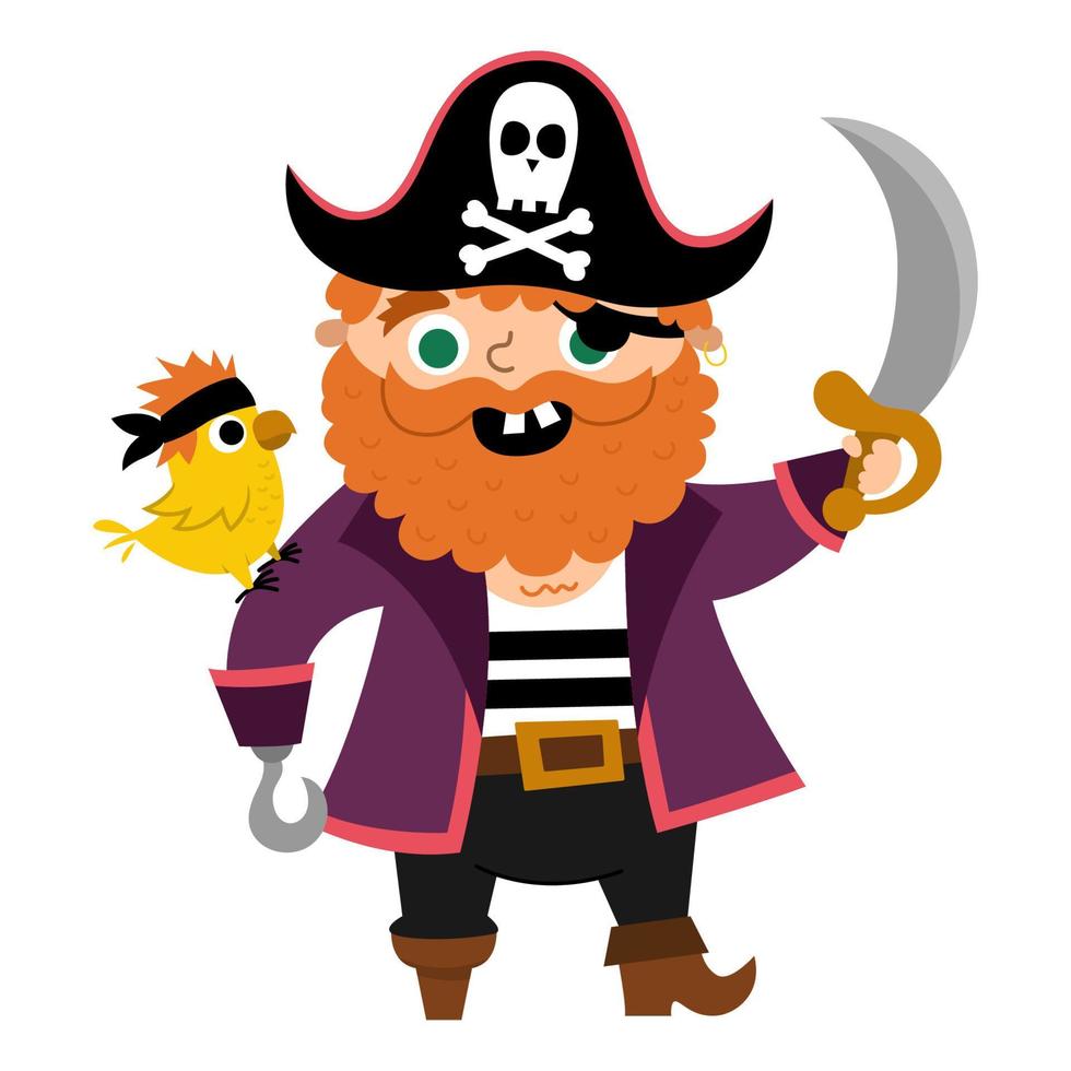 Vektor Pirat Symbol. süß Meer Kapitän Illustration. Schatz Insel Jäger mit rot Bart, Papagei, Rasen, gespannt Hut. komisch Pirat Party Element zum Kinder isoliert auf Weiß Hintergrund.