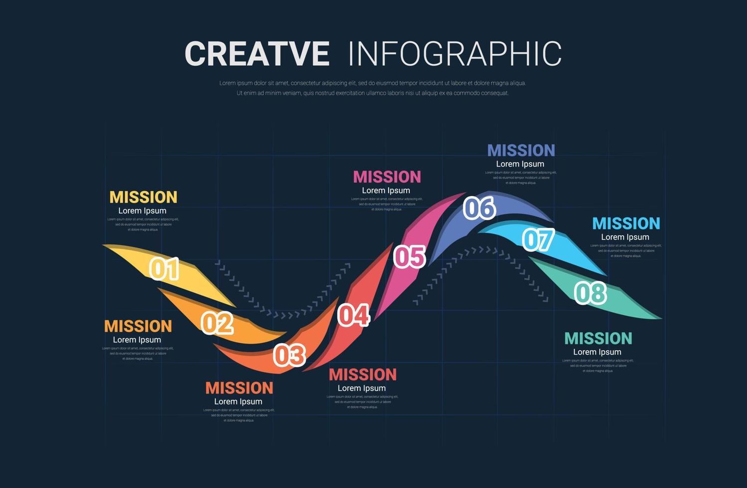 infographic design mall med tal 8 alternativ för presentation tidslinje, steg eller processer. vektor