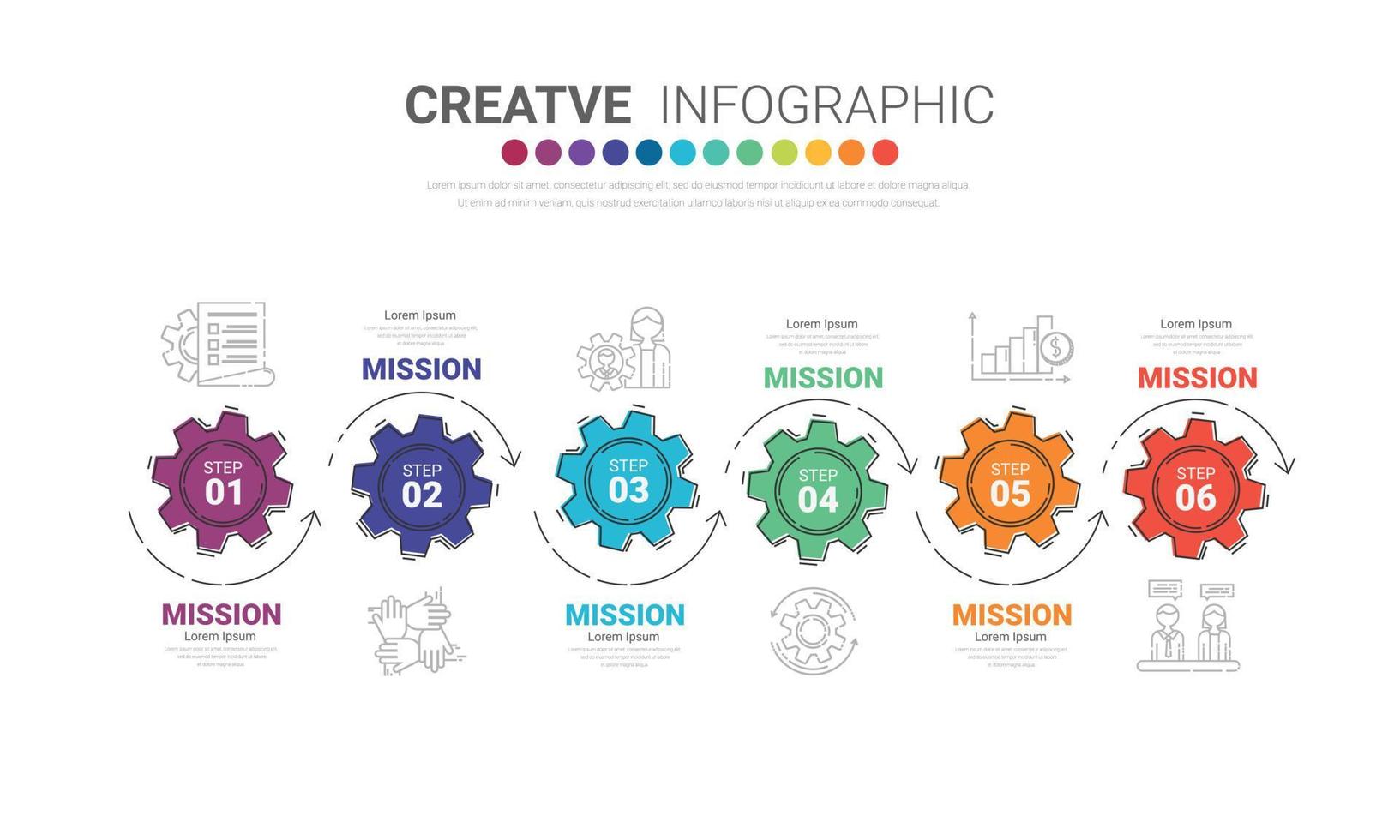 Getriebe Zahnräder 6 Schritte zum Infografik Vorlage, Ingenieurwesen Präsentation Konzept, Prozesse, Teile, Optionen. vektor