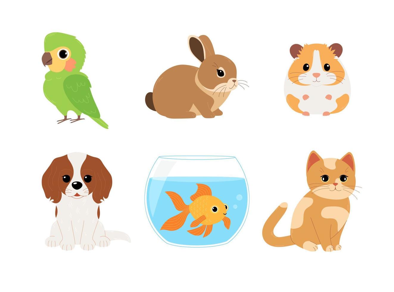uppsättning av Hem husdjur - papegoja, kanin, hamster, hund, fisk och katt. söt inhemsk djur. vektor platt illustration isolerat på vit bakgrund