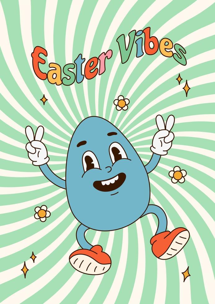 Vertikale Poster mit groovig Karikatur Charakter Ostern Ei und Zitat Ostern Stimmung auf Grün gestreift Hintergrund. eben Vektor Illustration zum drucken, Poster, Karte