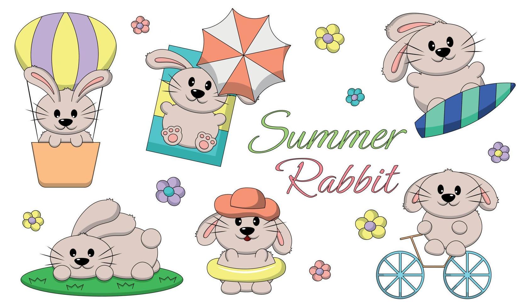 uppsättning söt tecknad serie sommar kanin i Färg vektor