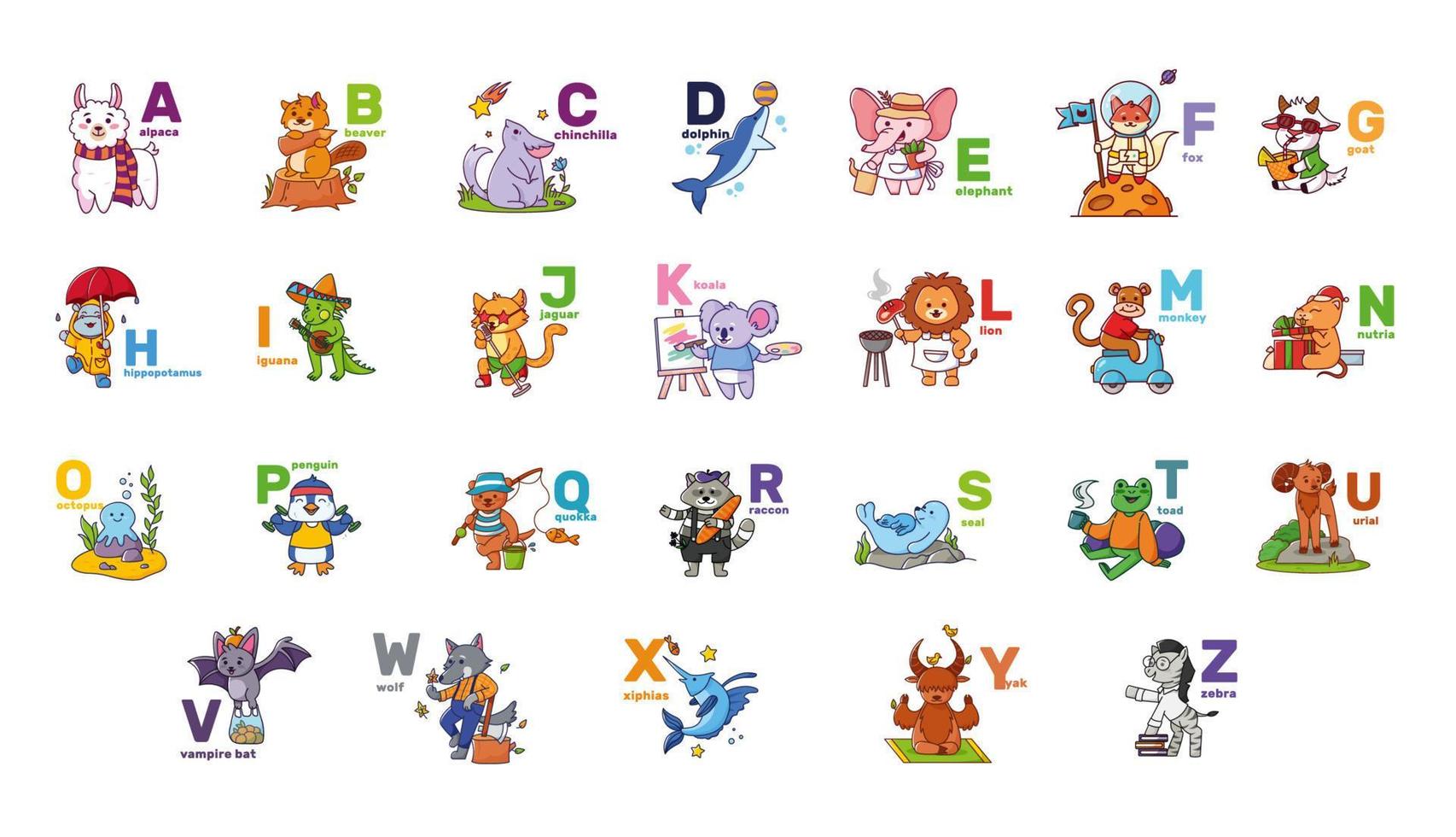 Alphabet mit süß Tiere Charakter. Vektor Illustration.