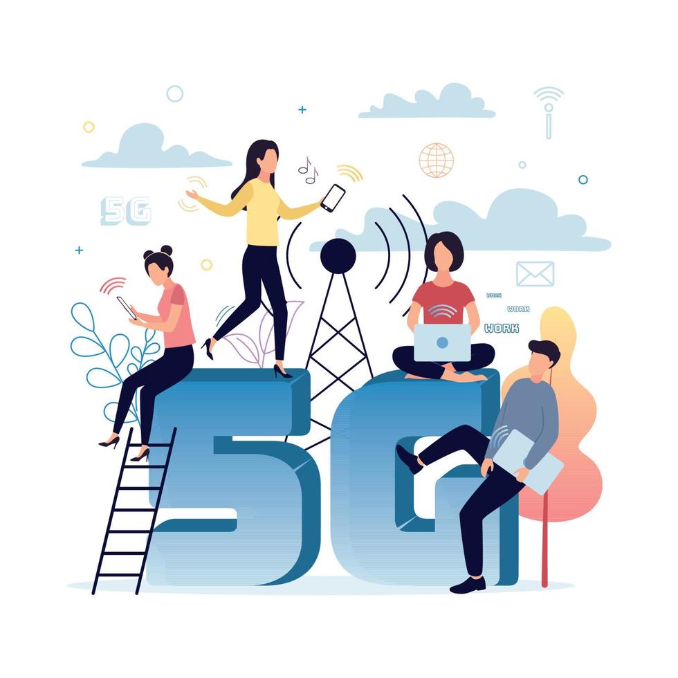 5g Handy, Mobiltelefon Internet. ein Mann und ein Frau mit ein Laptop sitzen auf das Brief G, Frauen mit Smartphones auf das Nummer 5, gegen ein Hintergrund von Pflanzen, Internet Symbole, ein Turm, Wolken. Vektor Illustration.