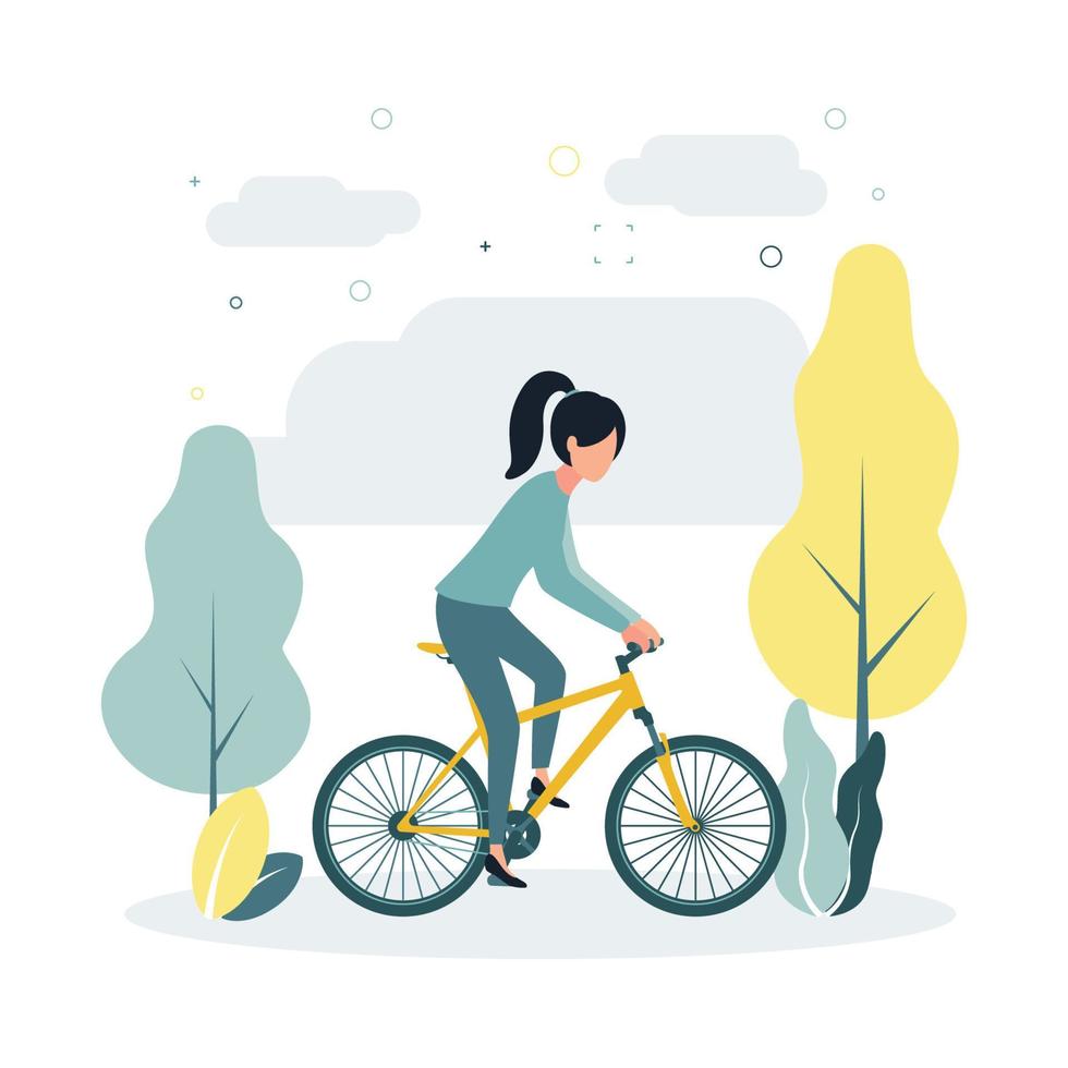 Vektor Illustration ein Frau Fahrten ein Fahrrad, auf ein Hintergrund von Bäume, Pflanzen, Wolken.