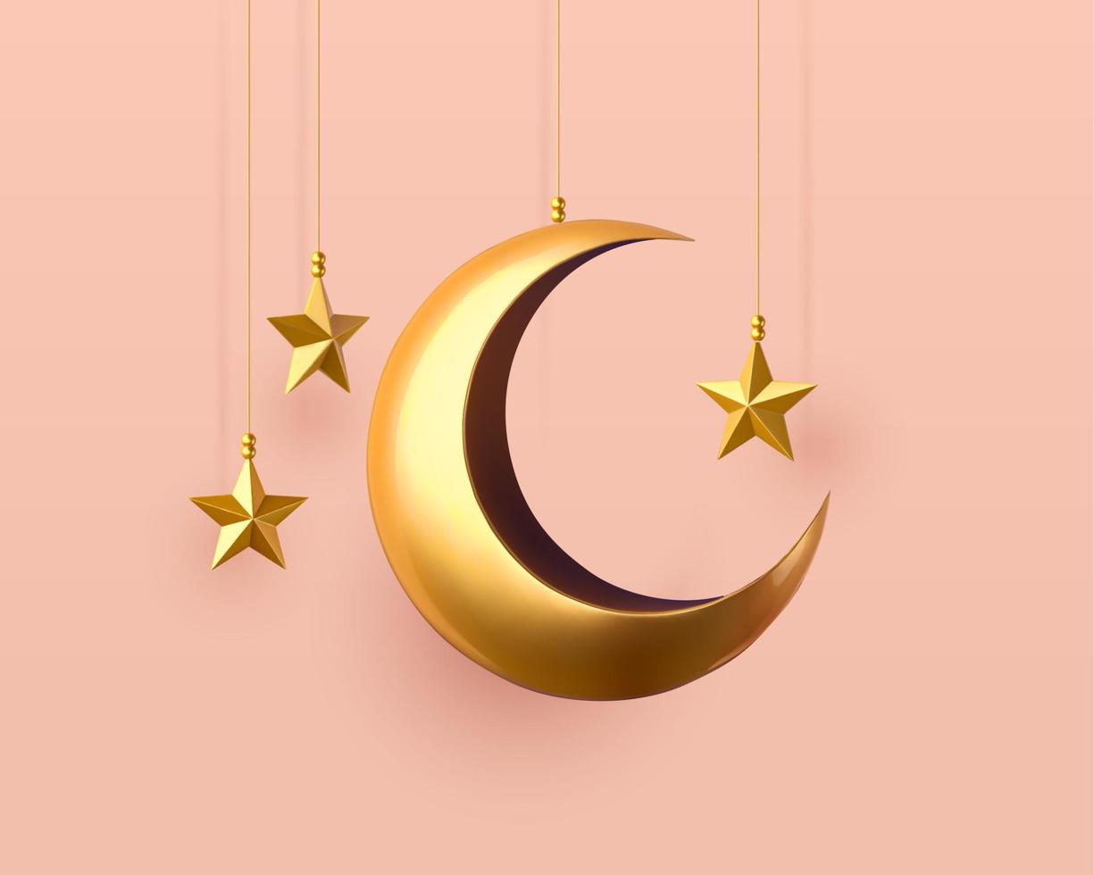 3d hängande metall halvmåne måne och stjärna dekorationer. islamic objekt samling isolerat på rosa bakgrund. vektor