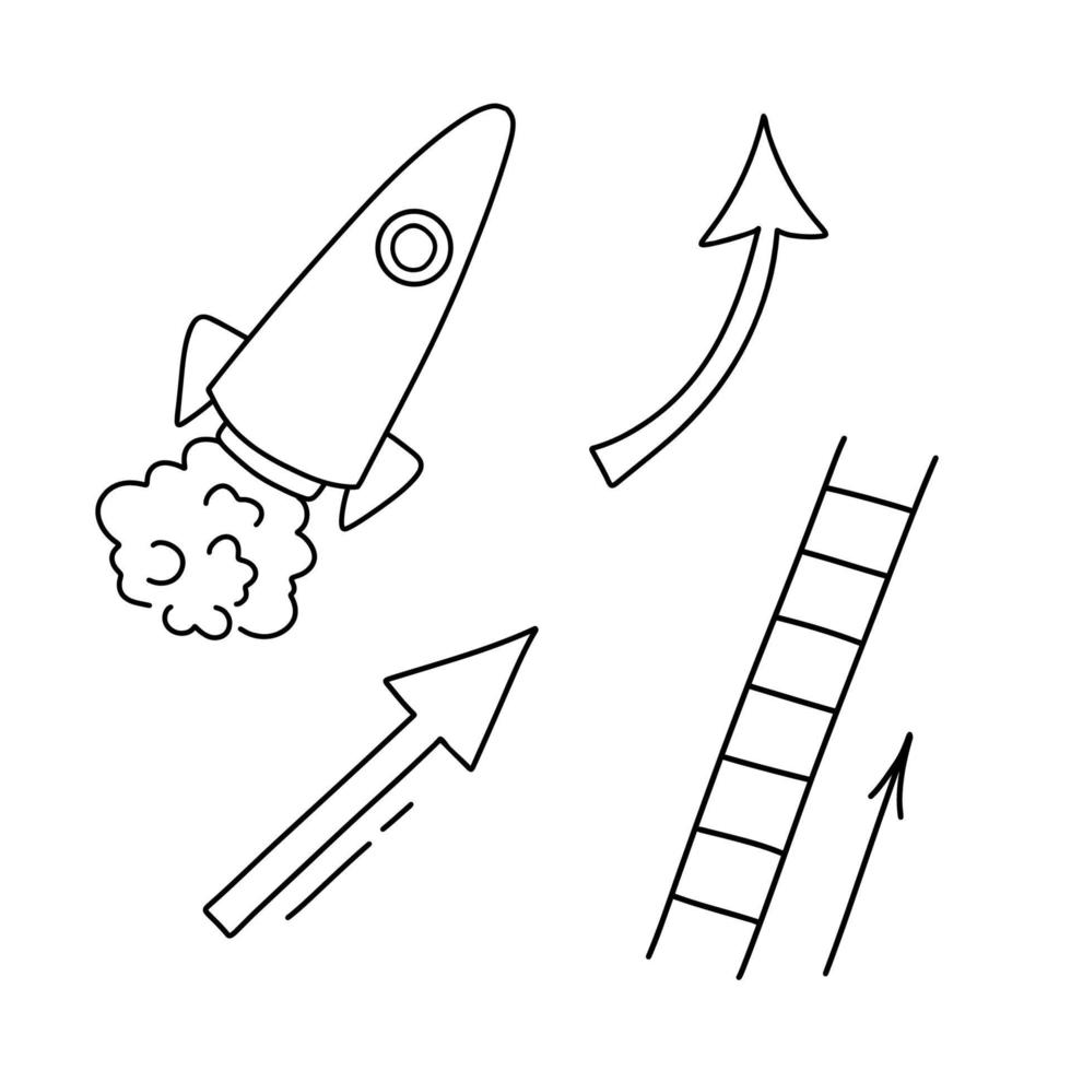 Rakete Gekritzel Symbol. Gliederung Hand gezeichnet Anfang Symbol isoliert auf Weiß Hintergrund. oben Pfeil und Stufen. vektor