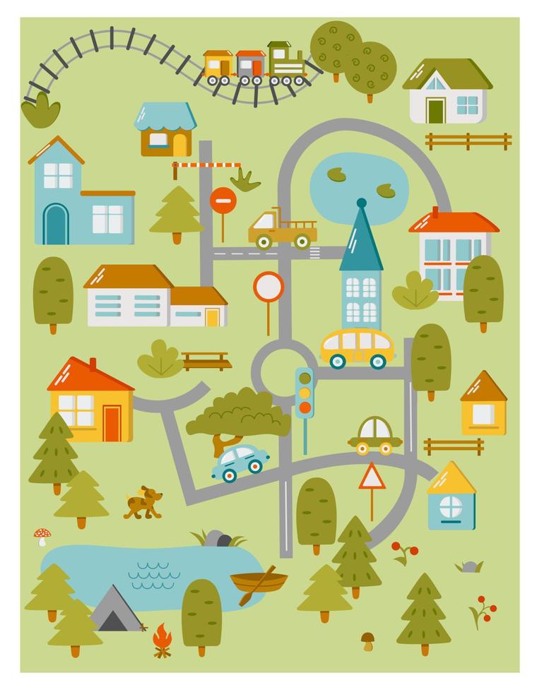 süß Stadt, Dorf Karte zum Kinder Zimmer. Landschaft mit Menge Einzelheiten. abspielen Matte zum Kinder Aktivität. Vektor Illustration