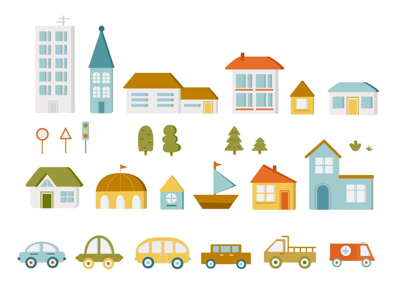 design element av en modern stad. skapa en Karta din egen stad med hus och bilar. dekoration för de barn. vektor illustration