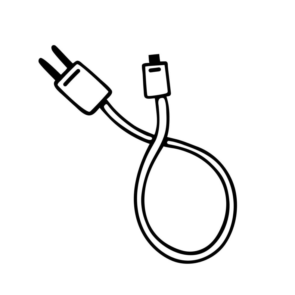 mobil telefon laddare. enkel vektor ikon. uSB kabel- med adapter för laddning din hörlurar, läsplatta, dator. hand dragen klotter, svart översikt. illustration isolerat på vit. ClipArt för webb, appar