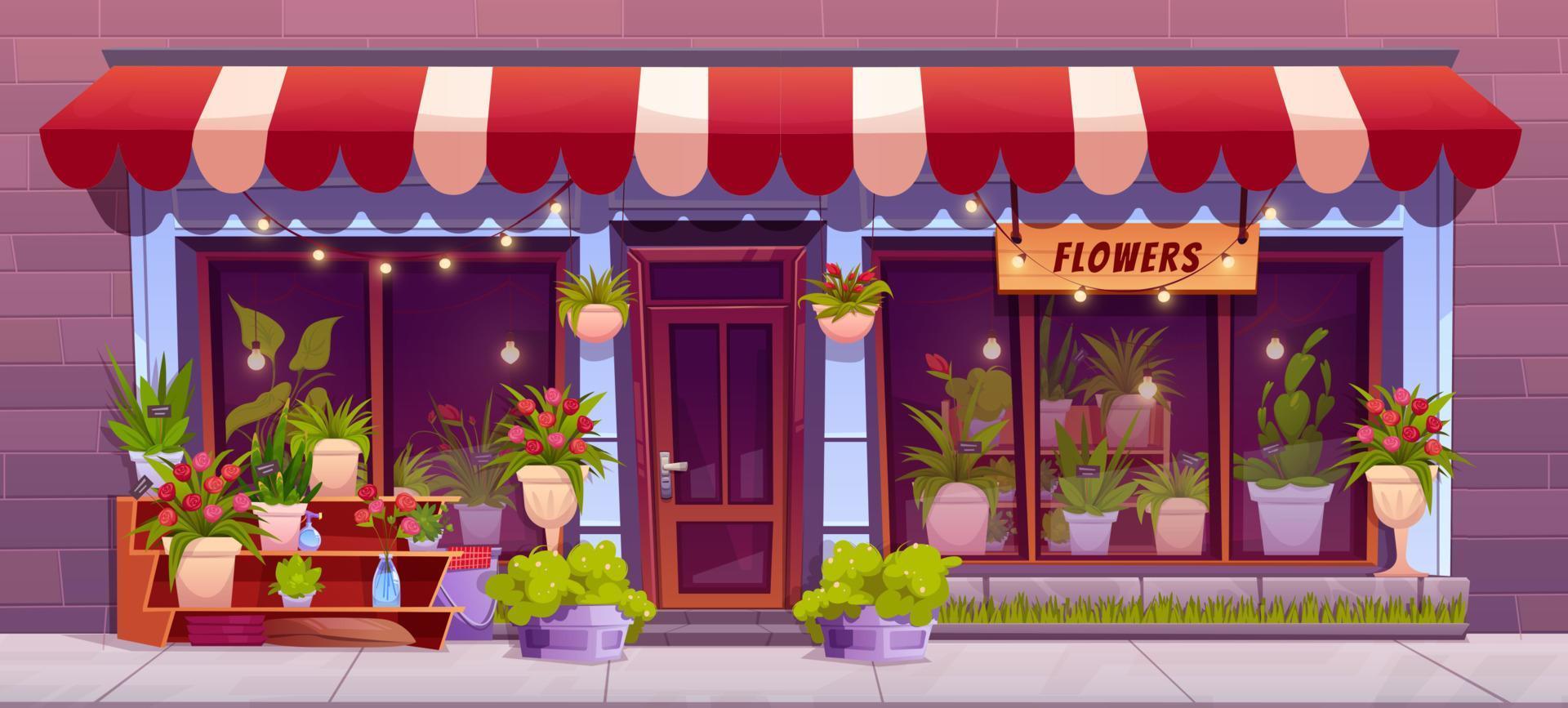 blommor affär Fasad med fönster och växter vektor