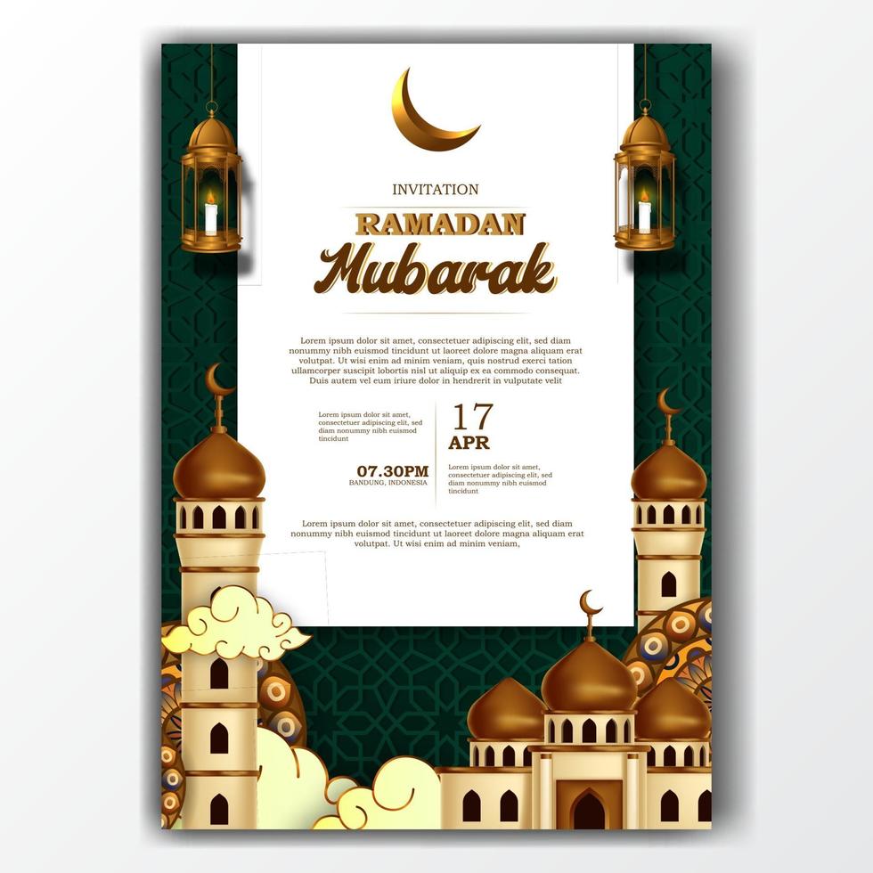 Ramadan Mubarak Iftar Einladungsplakat elegant mit Moschee und Laternendekoration vektor