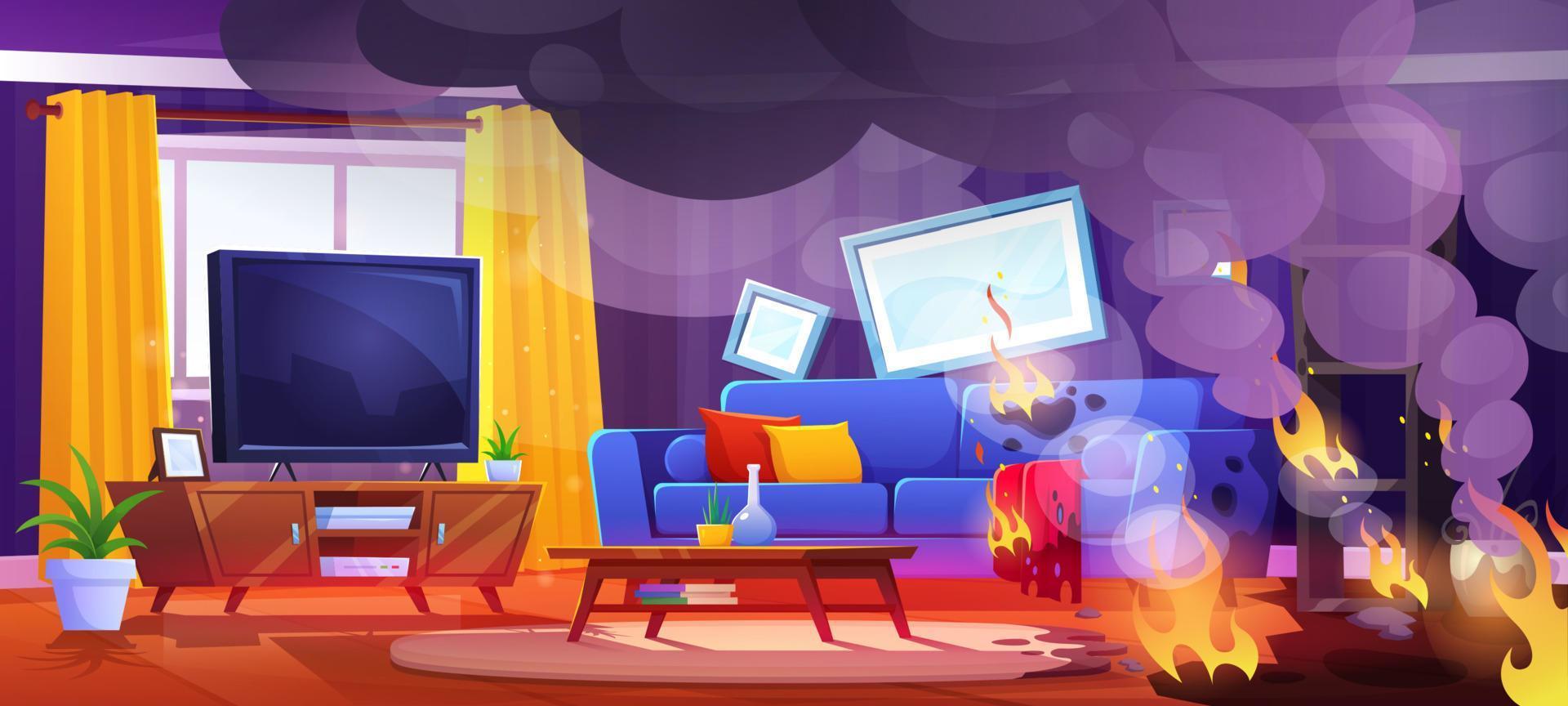Feuer im Leben Zimmer mit Fernseher Karikatur Hintergrund vektor