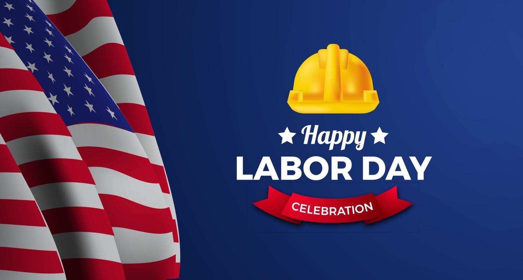 amerikanischer Arbeitstag-Plakatfahne mit Flaggen- und Sicherheitsingenieur-Arbeiterhelm auf blauem Hintergrund vektor