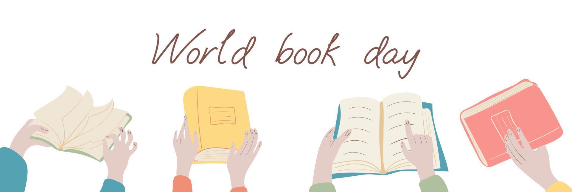 Welt Buch Tag. Hände halten öffnen und geschlossen Bücher isoliert auf Weiß Hintergrund vektor