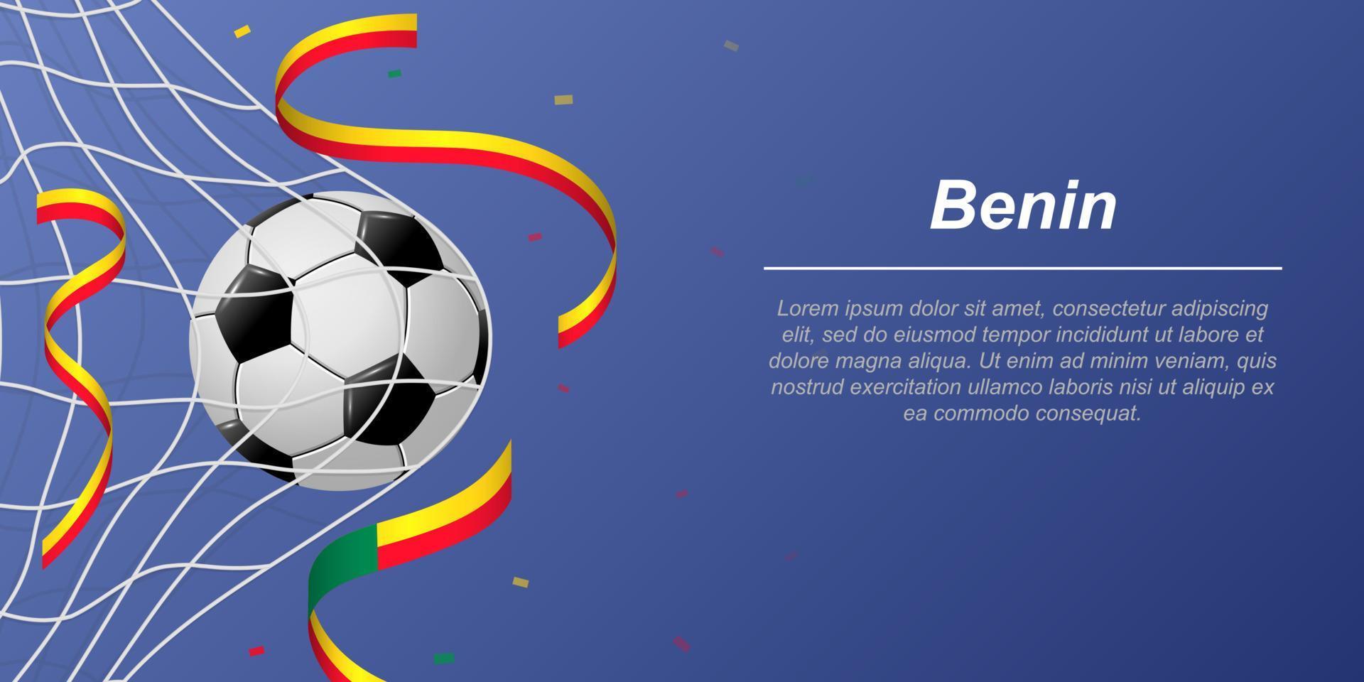 Fußball Hintergrund mit fliegend Bänder im Farben von das Flagge von Benin vektor