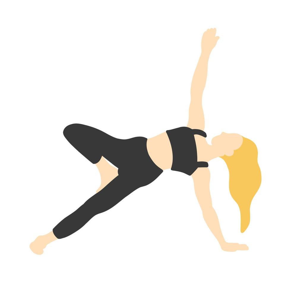 flexibilitet yoga poser samling. europeisk kvinna, lady, kvinna, flicka. lång blond hår. svart träningsoverall. pilates, Träning. vektor illustration i tecknad serie platt stil isolerat på vit bakgrund.