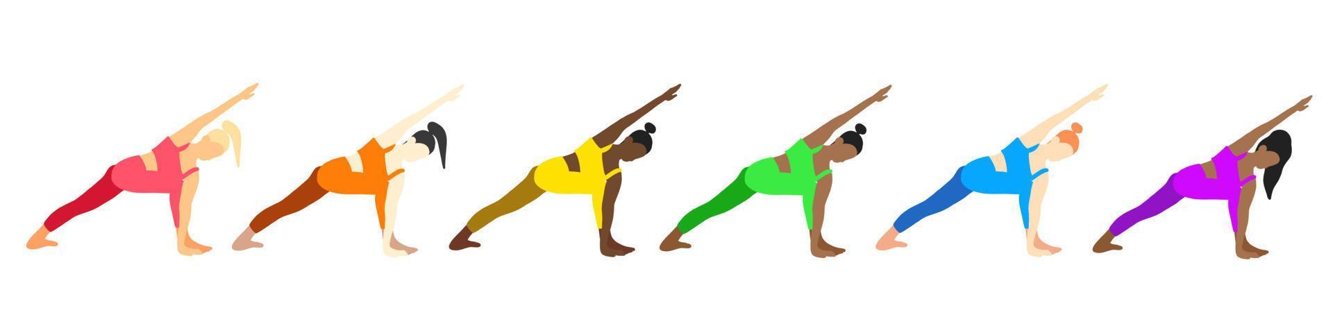 flexibilitet yoga poser samling. europeisk, afrikansk, asiatisk kvinna, lady, kvinna, flicka. pilates, mental hälsa, Träning, Gym. vektor illustration i tecknad serie platt stil isolerat på vit bakgrund.