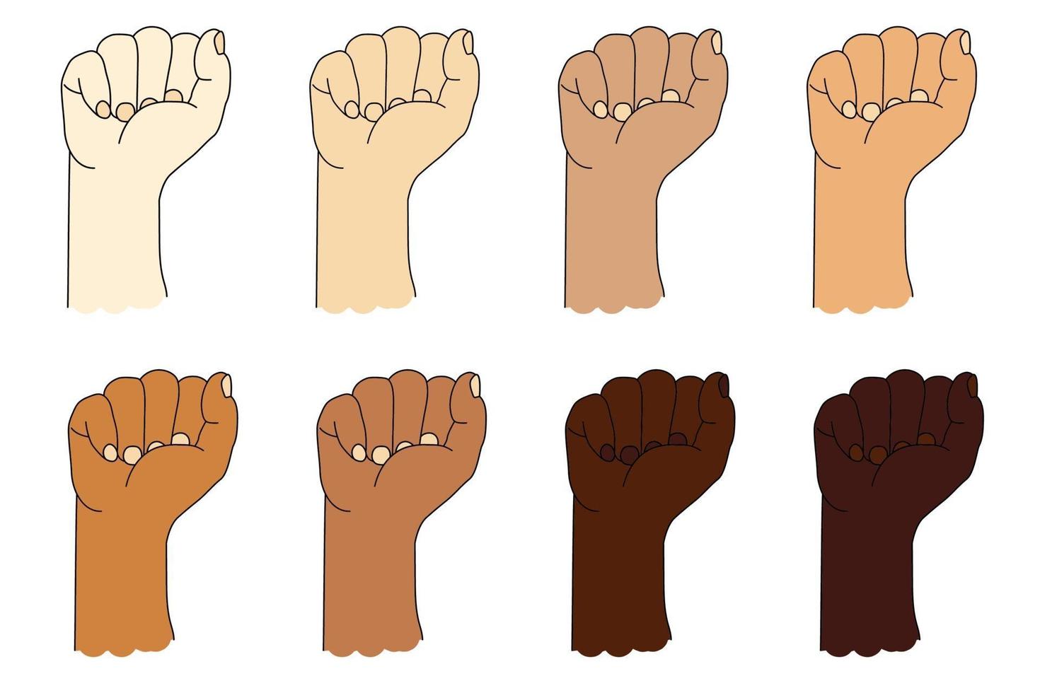 Sammlung menschlicher ethnischer Hände mit unterschiedlicher Hautfarbe. Handbewegung. erhobene Faust oder geballte Faust. Vektorillustration lokalisiert auf Weiß vektor